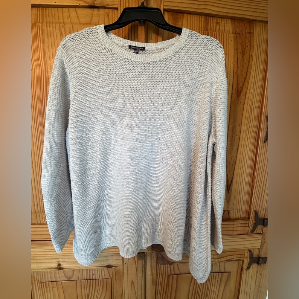 Plus Eileen Fisher Organic Linen Cotton Slub Crew Classic Gray Women's Sweater